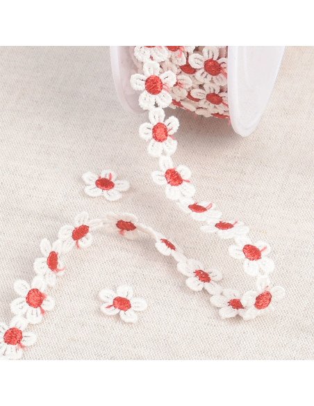 Guipure pâquerettes blanches - Rouge et blanc