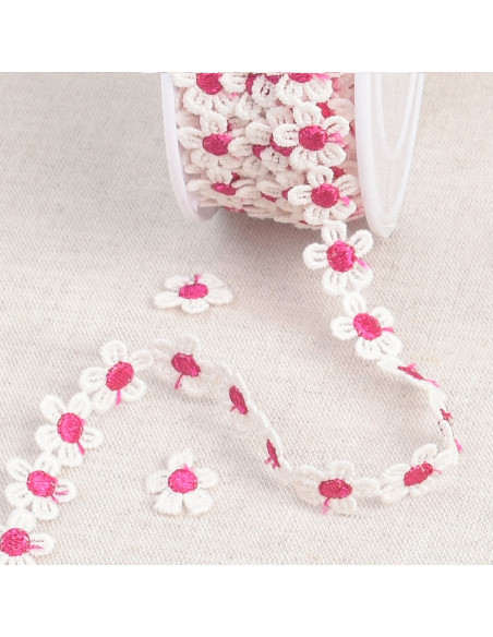 Guipure pâquerettes blanches - Fuchsia et blanc