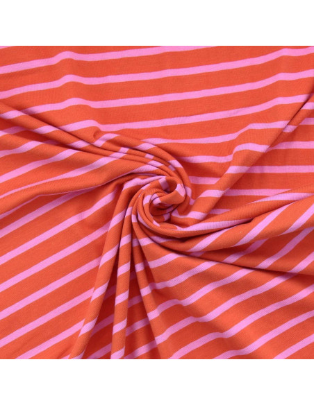 Tissu jersey rayé breton - Tangerine et bonbon