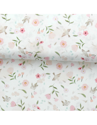 Tissu popeline de coton - Pretty blanc et rose