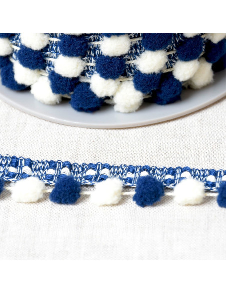 Galon gros pompons bicolore - Bleu marine et écru