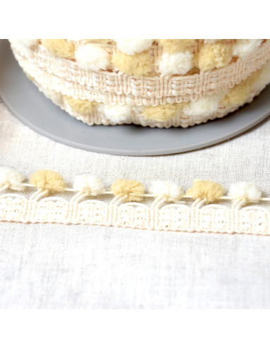 Galon gros pompons bicolore - Beige et écru