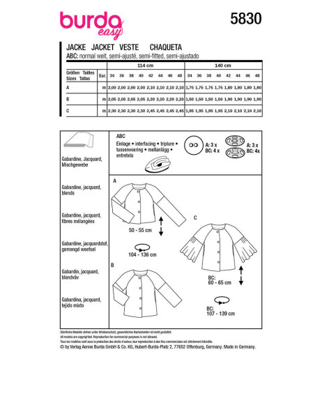 Patron de veste - Burda 5830