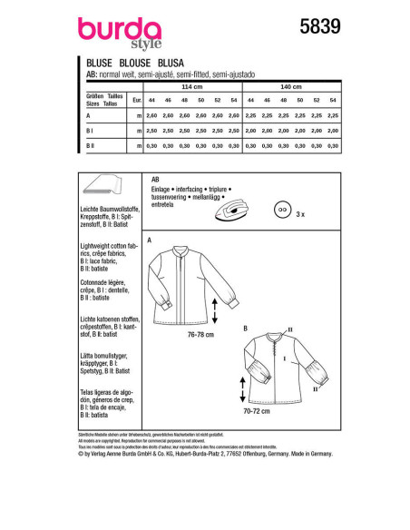 Patron de blouse - Burda 5839