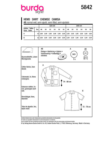 Patron de veste et chemise - Burda 5842