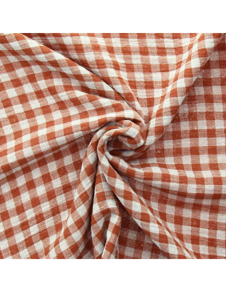 Tissu double gaze gaufrée vichy - Cognac et blanc cassé