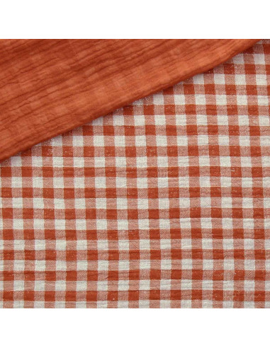 Tissu double gaze gaufrée vichy - Cognac et blanc cassé