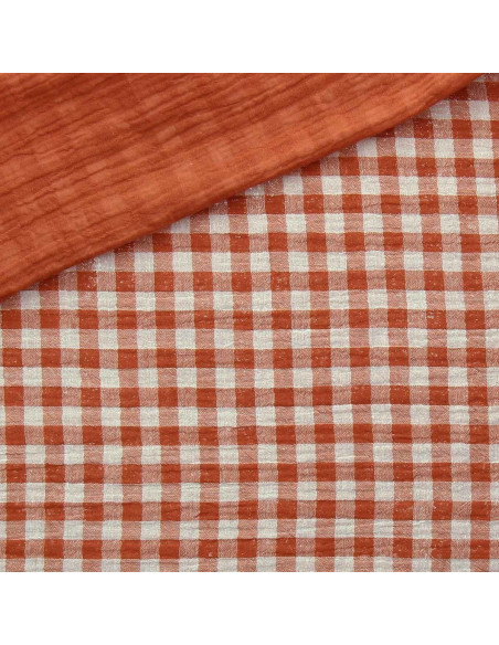Tissu double gaze gaufrée vichy - Cognac et blanc cassé