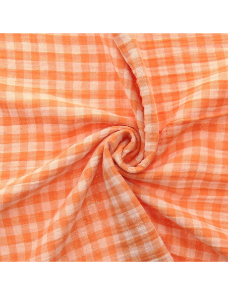 Tissu double gaze gaufrée vichy - Clémentine et blanc cassé