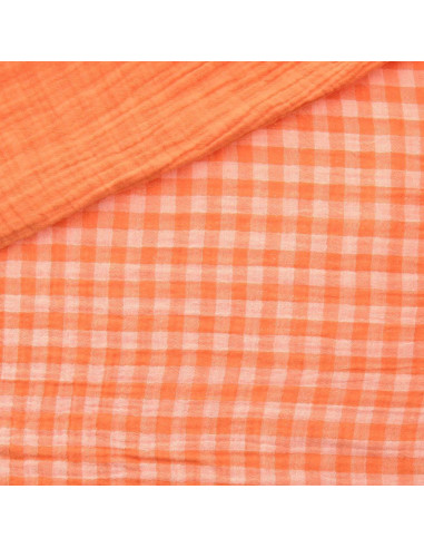 Tissu double gaze gaufrée vichy - Clémentine et blanc cassé