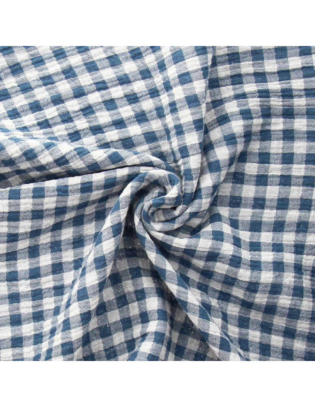 Tissu double gaze gaufrée vichy - Pierre bleue et blanc cassé