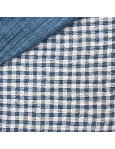 Tissu double gaze gaufrée vichy - Pierre bleue et blanc cassé