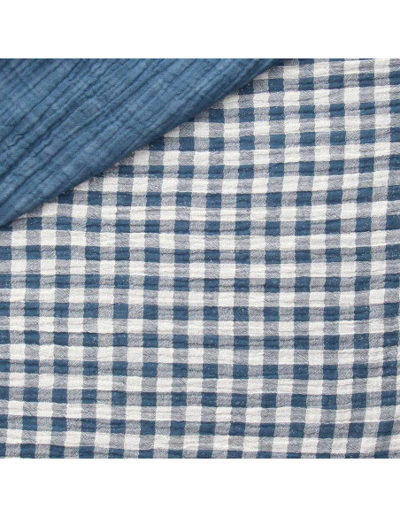 Tissu double gaze gaufrée vichy - Pierre bleue et blanc cassé