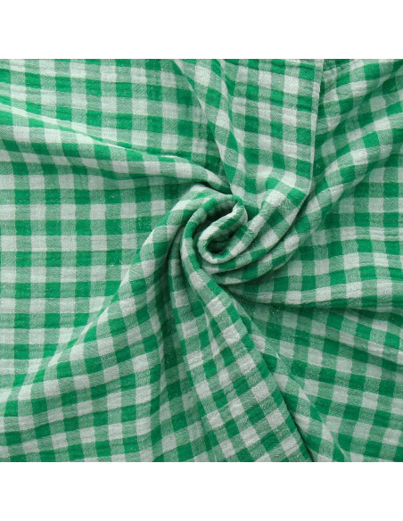Tissu double gaze gaufrée vichy - Trèfle et blanc cassé