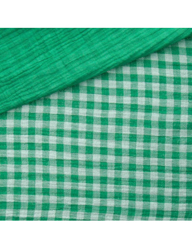Tissu double gaze gaufrée vichy - Trèfle et blanc cassé