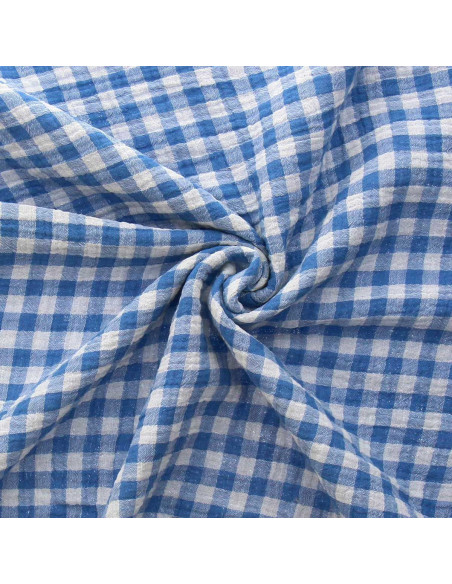 Tissu double gaze gaufrée vichy - Azur et blanc cassé