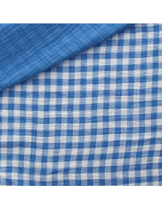 Tissu double gaze gaufrée vichy - Azur et blanc cassé 2