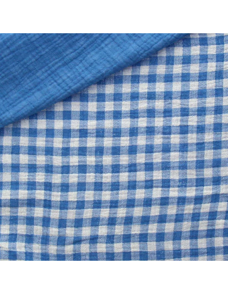 Tissu double gaze gaufrée vichy - Azur et blanc cassé