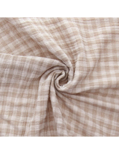 Tissu double gaze gaufrée vichy - Galet et blanc cassé
