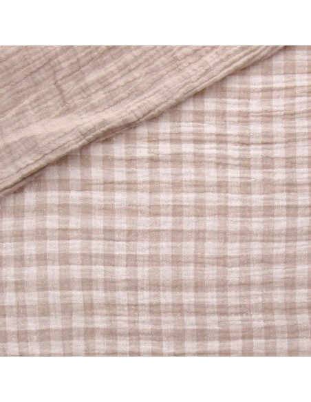 Tissu double gaze gaufrée vichy - Galet et blanc cassé