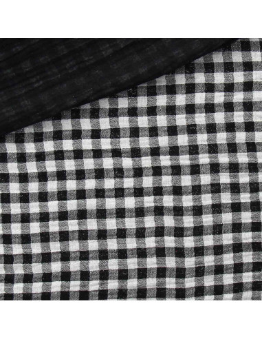 Tissu double gaze gaufrée vichy - Noir et blanc cassé