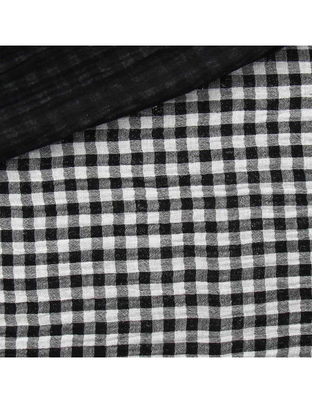 Tissu double gaze gaufrée vichy - Noir et blanc cassé