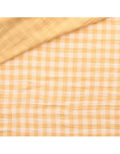 Tissu double gaze gaufrée vichy - Blé et blanc cassé