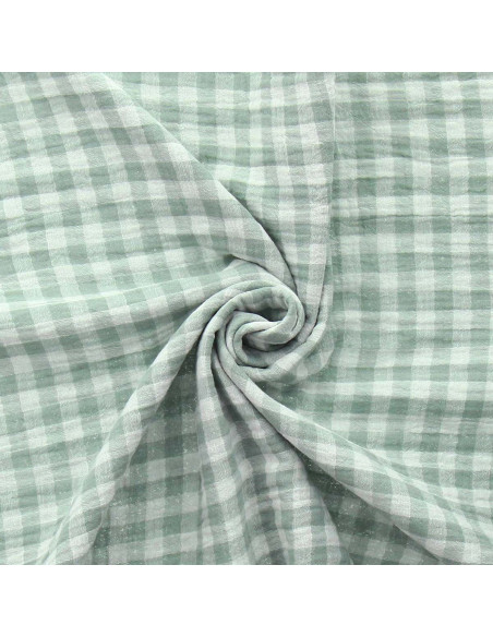 Tissu double gaze gaufrée vichy - Vert de gris et blanc cassé