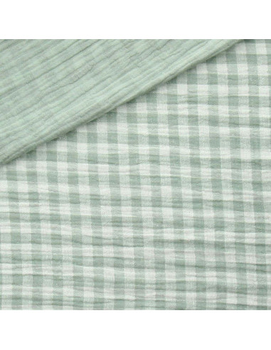 Tissu double gaze gaufrée vichy - Vert de gris et blanc cassé