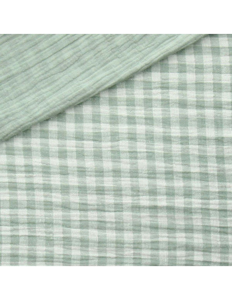 Tissu double gaze gaufrée vichy - Vert de gris et blanc cassé