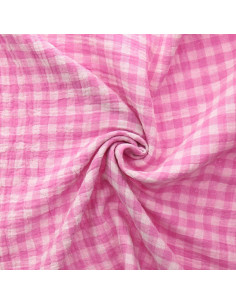 Tissu double gaze gaufrée vichy - Bonbon et blanc cassé