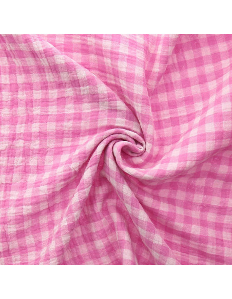 Tissu double gaze gaufrée vichy - Bonbon et blanc cassé