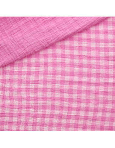 Tissu double gaze gaufrée vichy - Bonbon et blanc cassé