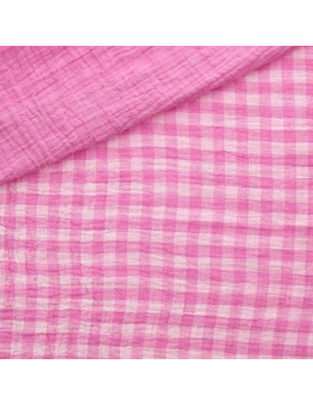 Tissu double gaze gaufrée vichy - Bonbon et blanc cassé