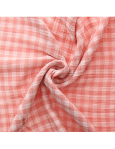 Tissu double gaze gaufrée vichy - Barbe à papa et blanc cassé