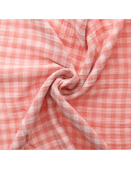 Tissu double gaze gaufrée vichy - Barbe à papa et blanc cassé