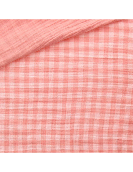 Tissu double gaze gaufrée vichy - Barbe à papa et blanc cassé