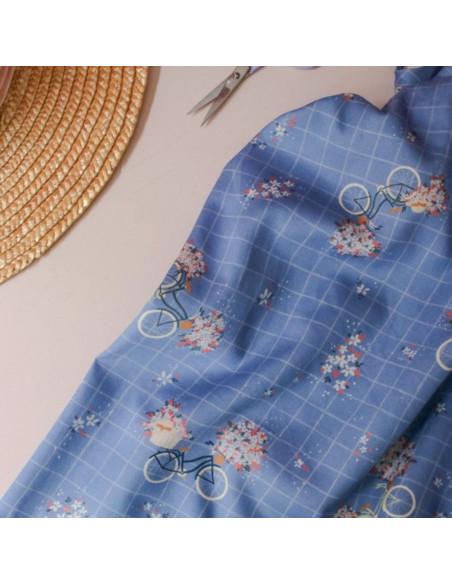 Tissu satin de coton Bicyclette bleu - Lise Tailor