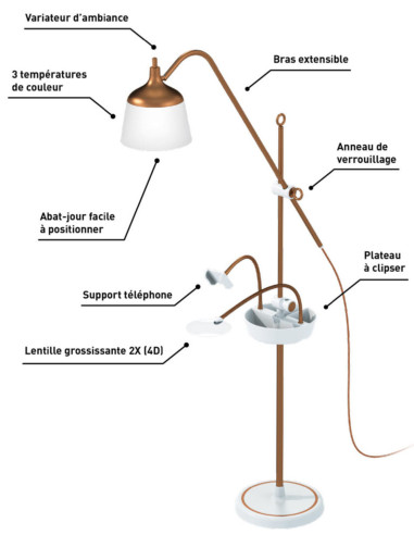 Lampe sur pied avec loupe, plateau et pince téléphone Daylight Anita