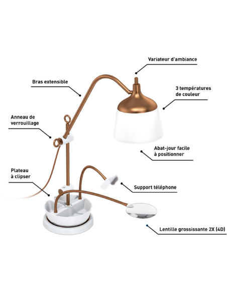 Lampe sur table avec loupe, plateau et pince téléphone Daylight Anita