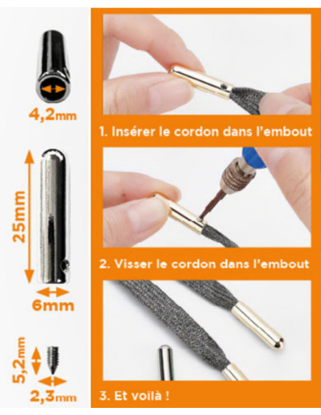 Set de 10 embouts métal pour cordons avec vis - Or