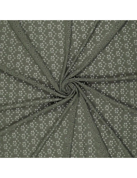 Tissu broderie anglaise extensible - Kaki foncé