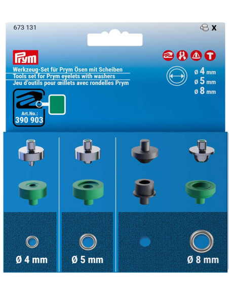 Jeu d´outils pour oeillets avec rondelles 4, 5 et 8 mm