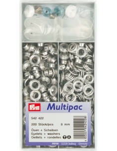 Multipac de 200 oeillets avec rondelles 8 mm - Argent