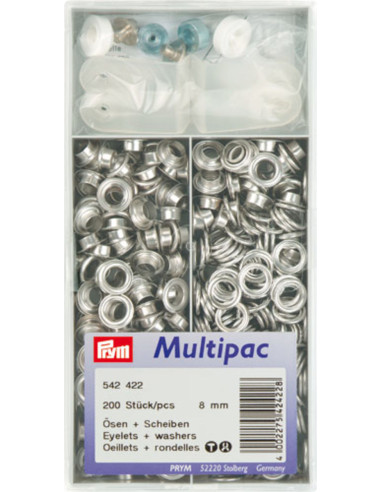 Multipac de 200 oeillets avec rondelles 8 mm - Argent