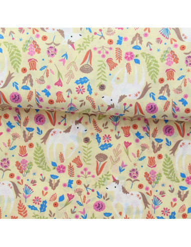 Tissu popeline de coton - Licorne jaune