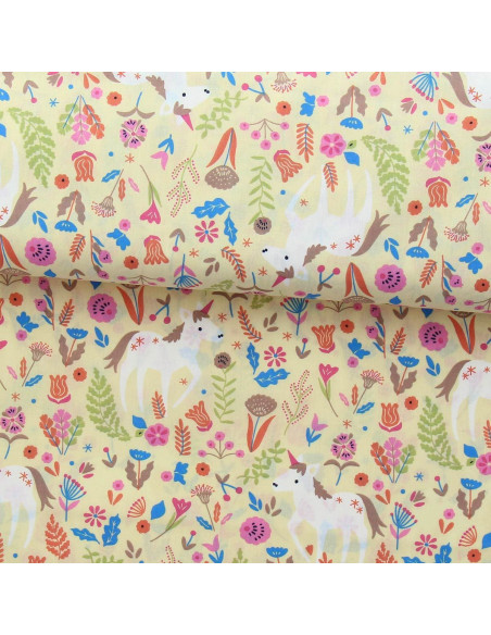 Tissu popeline de coton - Licorne jaune