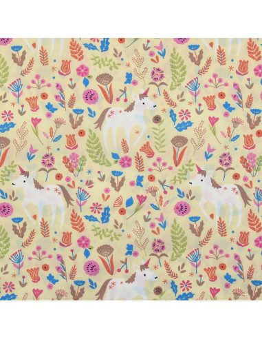 Tissu popeline de coton - Licorne jaune