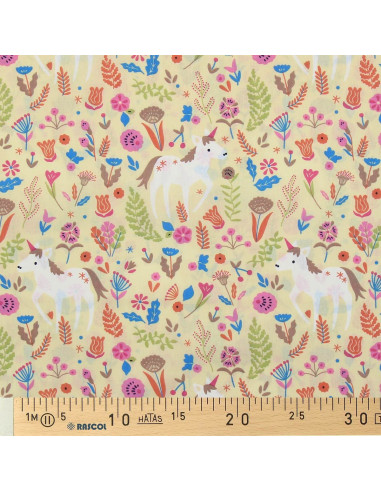 Tissu popeline de coton - Licorne jaune
