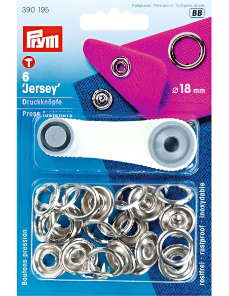 Boite de 6 boutons pression jersey Argent avec outil 18 mm